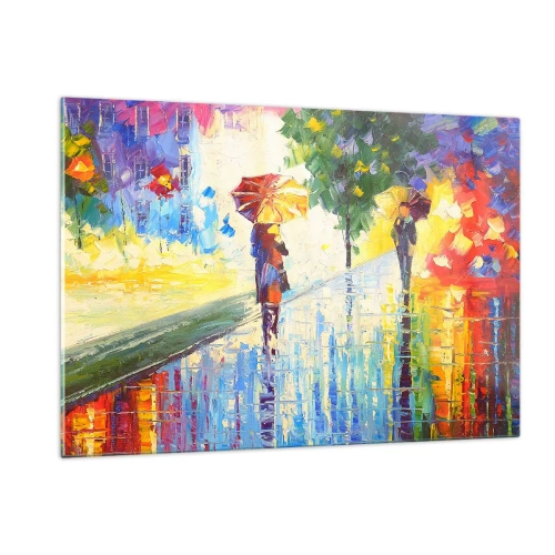 Glasbild - Bild auf glas - Ein farbenfroher Spaziergang im Regen mit einem Regenschirm im impressionistischen Stil - 120x80cm - Und alles klar - Moderne Wanddekoration für Wohnzimmer und Schlafzimmer ARTTOR
