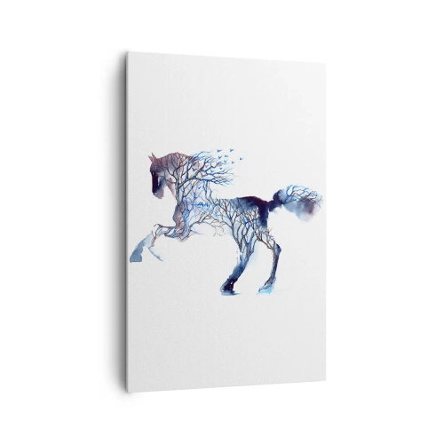 Bild auf Leinwand - Leinwandbild - Künstlerische Pferdegrafik mit Baum- und Vogelmotiven - 80x120cm - Und als wäre der Wald umgezogen - Moderne Wanddekoration für Wohnzimmer und Schlafzimmer ARTTOR