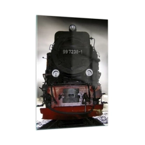 Glasbild - Bild auf glas - Eine Dampflokomotive umgeben von Dampf und Licht - 50x70cm - Er steht und keucht, seufzt und pustet - Moderne Wanddekoration für Wohnzimmer und Schlafzimmer ARTTOR