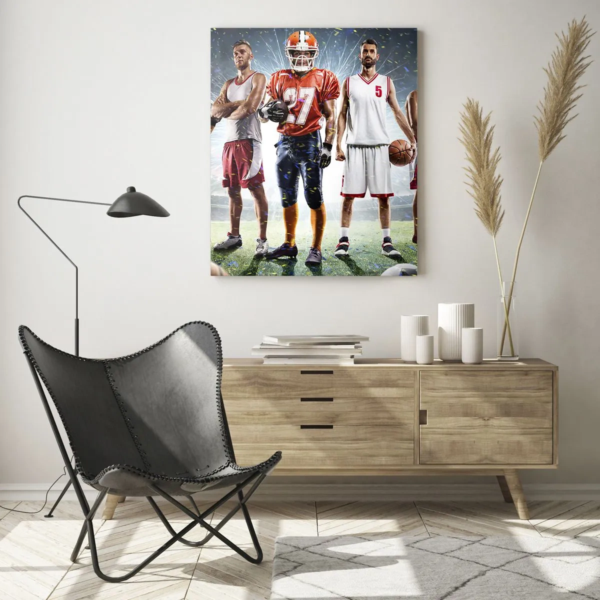 Glasbild - Bild auf glas - Eine dynamische Szene von Athleten verschiedener Disziplinen im Stadion unter dem Scheinwerferlicht - 70x100cm - Feldgladiatoren - Moderne Wanddekoration für Wohnzimmer und Schlafzimmer ARTTOR