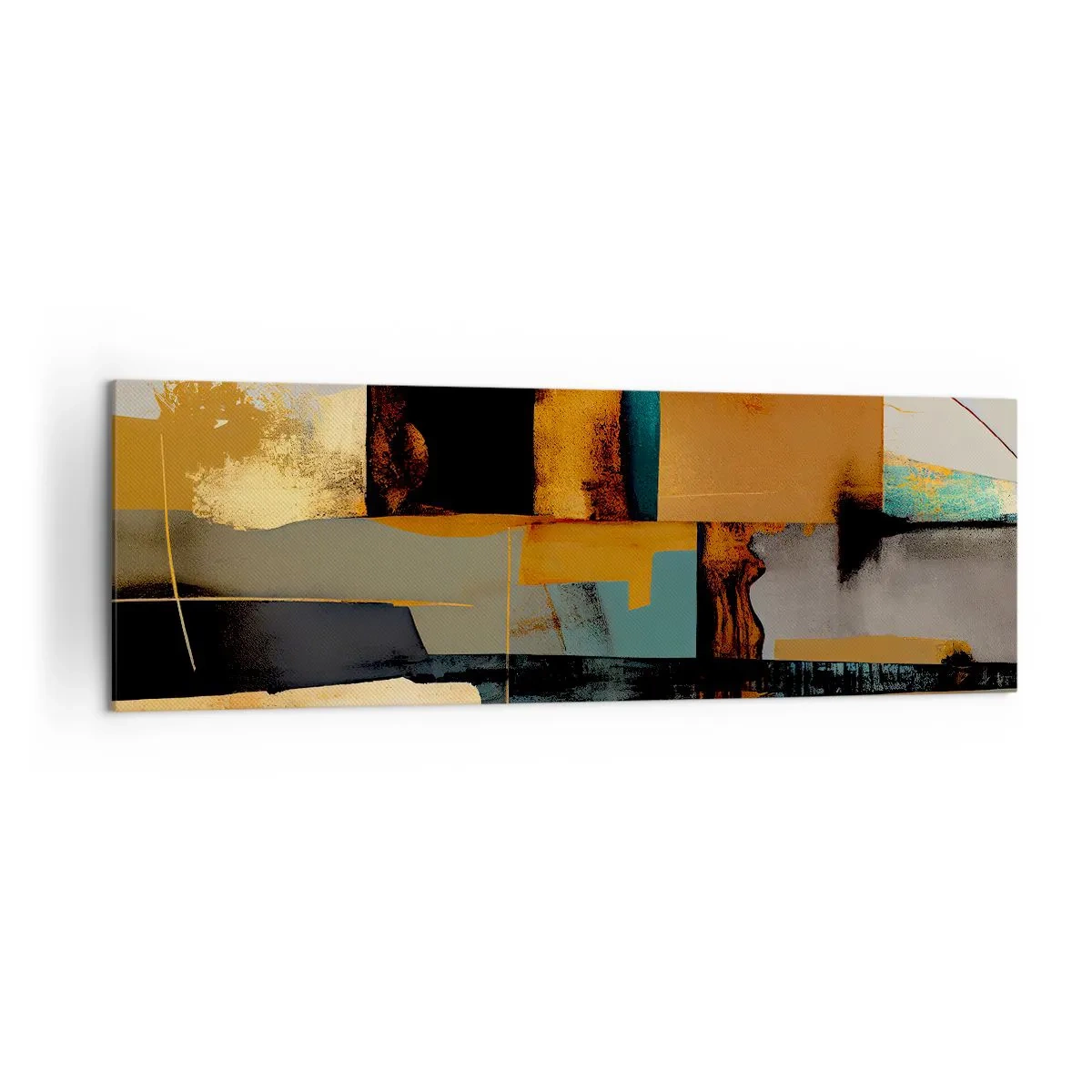 Bild auf Leinwand - Leinwandbild - Abstrakte Komposition mit goldenen und türkisfarbenen Elementen - 160x50cm - Abstraktion – Licht und Schatten - Moderne Wanddekoration für Wohnzimmer und Schlafzimmer ARTTOR