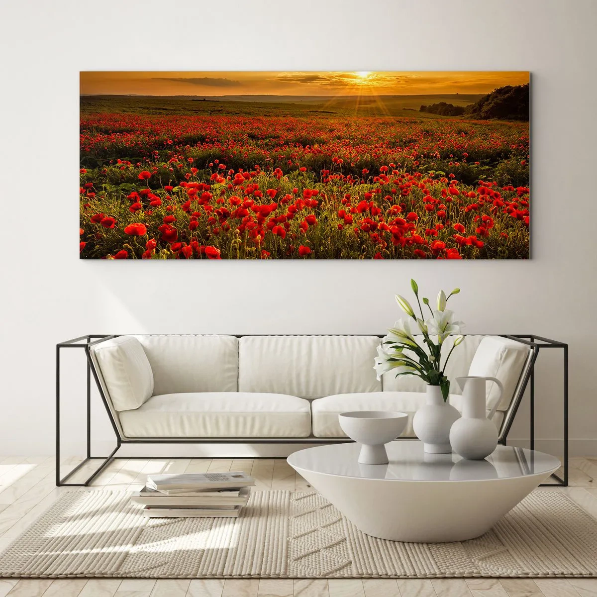 Glasbild - Bild auf glas - Ein Feld mit roten Mohnblumen im Schein der untergehenden Sonne - 140x50cm - Unter den Wellen raschelnder Wiesen, unter den Blumen der Flut - Moderne Wanddekoration für Wohnzimmer und Schlafzimmer ARTTOR