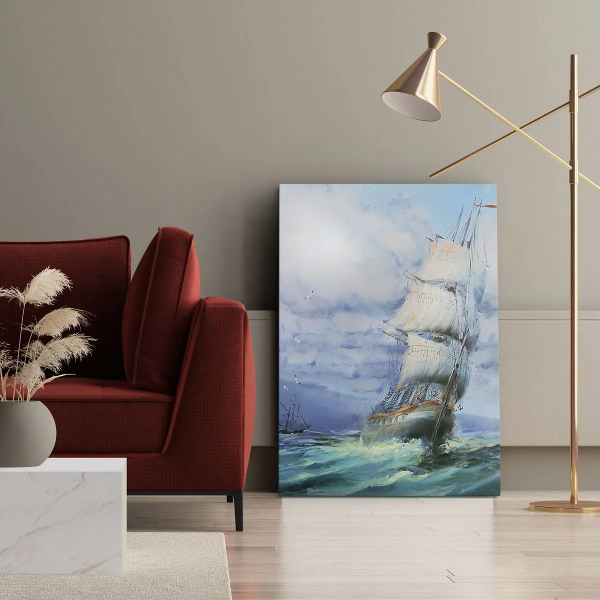 Bild auf Leinwand - Leinwandbild - Ein Schiff auf stürmischer See - 50x70cm - Guter Wind - Moderne Wanddekoration für Wohnzimmer und Schlafzimmer ARTTOR