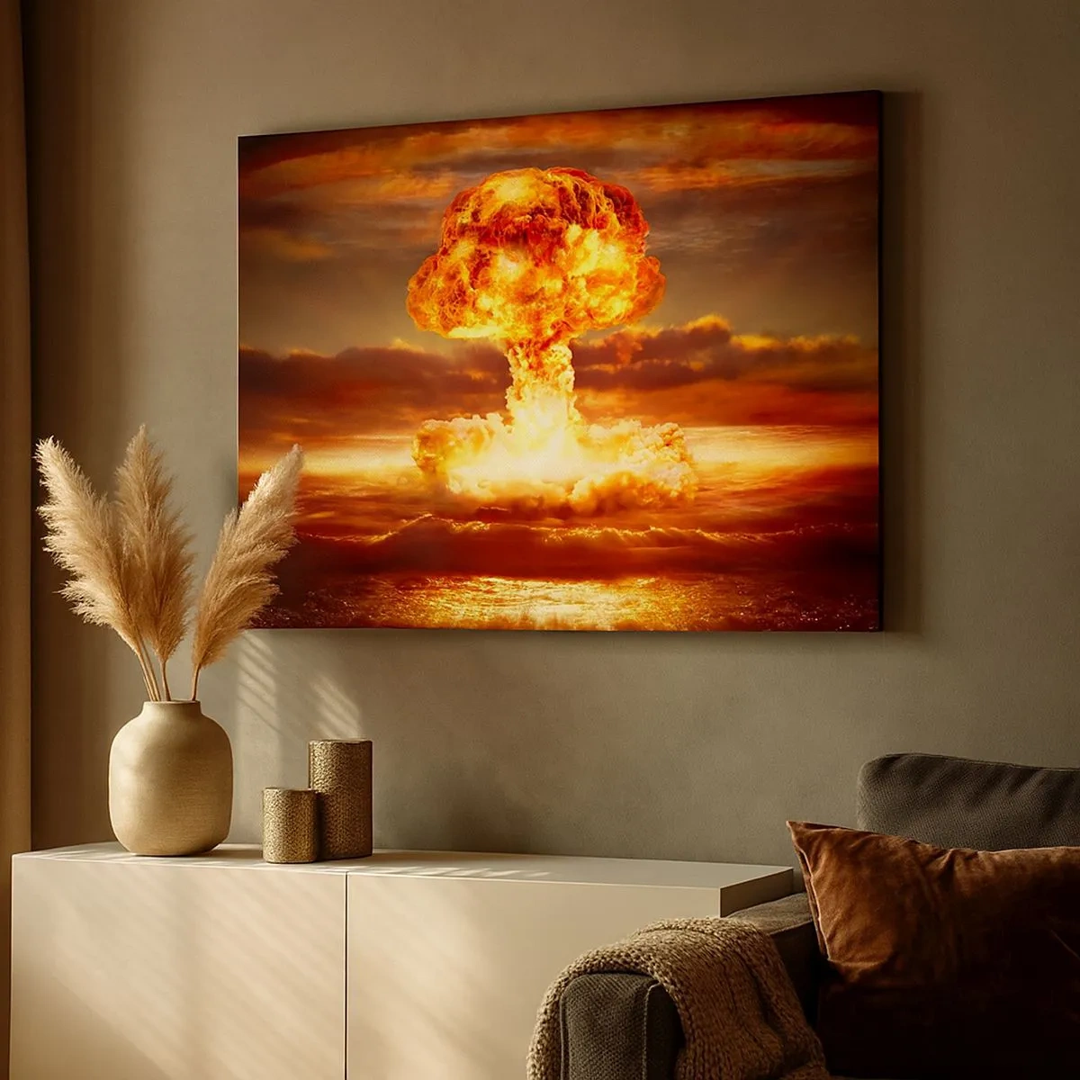 Bild auf Leinwand - Leinwandbild - Atompilz-Explosion vor dem Hintergrund eines Sonnenuntergangs - 70x50cm - Und das Ende wird kommen - Moderne Wanddekoration für Wohnzimmer und Schlafzimmer ARTTOR