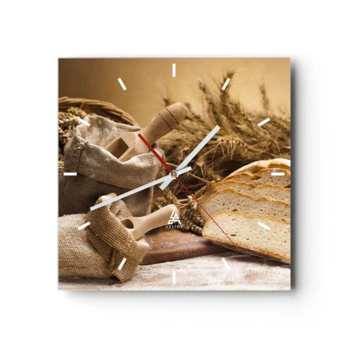 Wanduhr - Glasuhr - Eine Landschaft mit Brot, Mehl und Ähren im rustikalen Stil. - 30x30cm - Wie mit einem Messer geschnitten - Moderne Wanddekoration für Wohnzimmer und Schlafzimmer ARTTOR