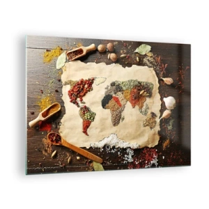 Glasbild - Bild auf glas - Eine Weltkarte aus verschiedenen Gewürzen auf rustikalem Hintergrund. - 70x50cm - Alle Aromen der Welt - Moderne Wanddekoration für Wohnzimmer und Schlafzimmer ARTTOR