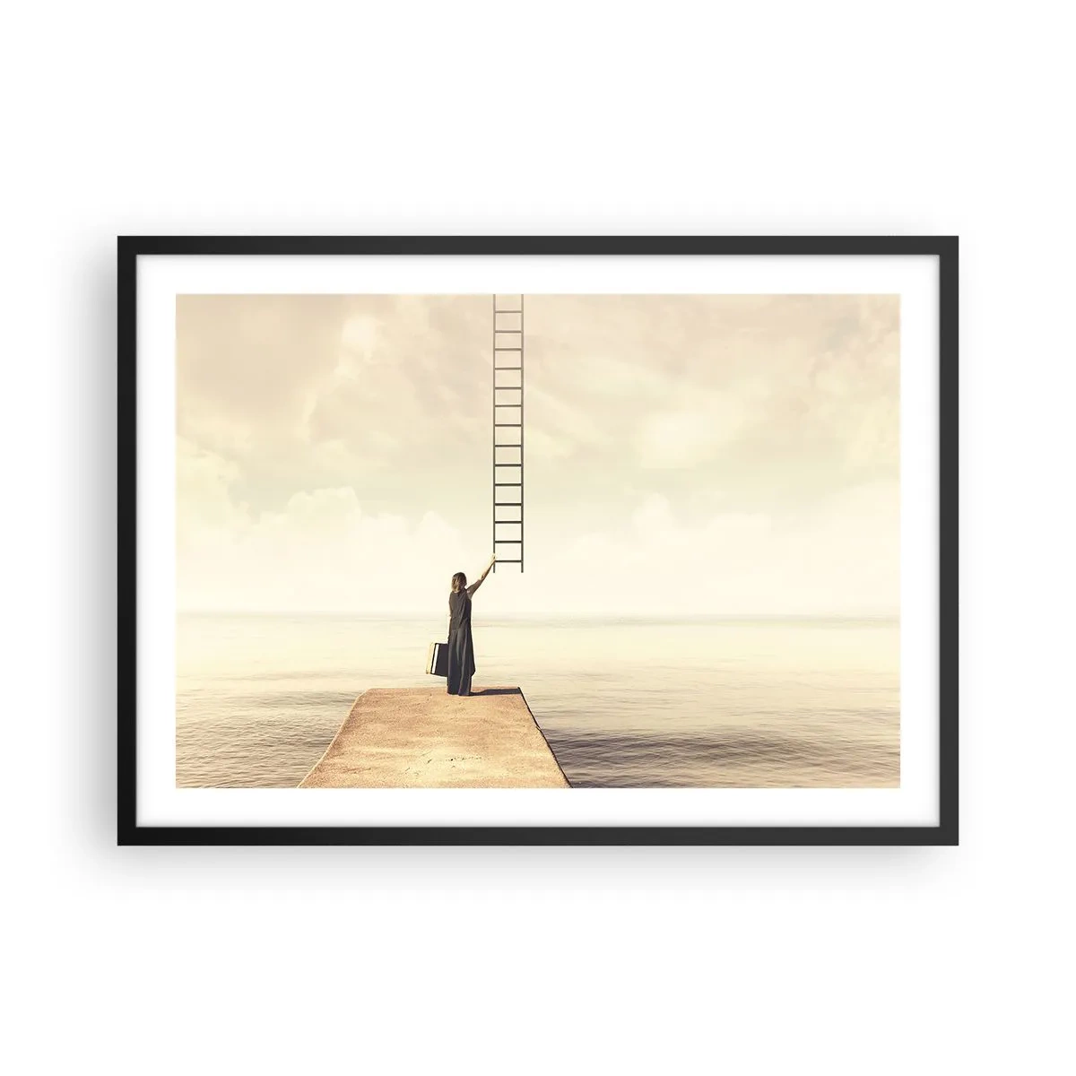 Poster in einem schwarzem Rahmen - Eine Frau steht auf einem Pier mit einer Leiter, die in den Himmel führt - 70x50cm - Eine magische Reise - Moderne Wanddekoration für Wohnzimmer und Schlafzimmer ARTTOR
