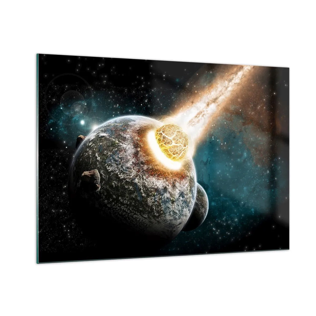 Glasbild - Bild auf glas - Ein Planet kollidiert mit einem Meteoriten - 100x70cm - Holocaust oder Geburt? - Moderne Wanddekoration für Wohnzimmer und Schlafzimmer ARTTOR