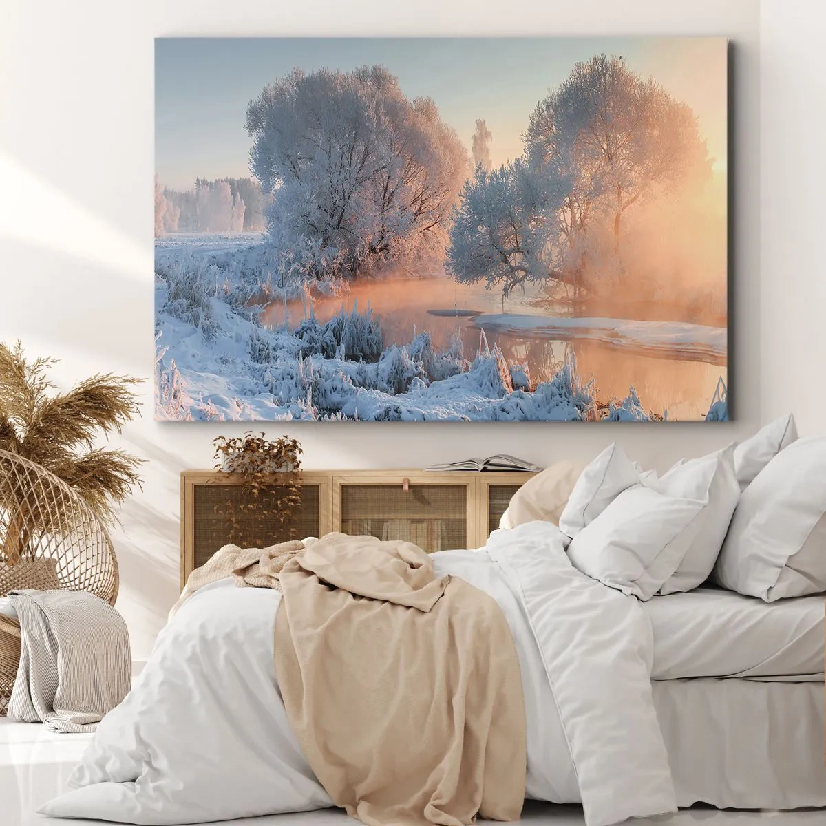 Bild auf Leinwand - Leinwandbild - Winterlandschaft mit schneebedeckten Bäumen und einem Sonnenuntergang - 120x80cm - Alles im Kristall glänzt in der Sonne - Moderne Wanddekoration für Wohnzimmer und Schlafzimmer ARTTOR