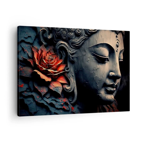 Bild auf Leinwand - Leinwandbild - Buddha-Skulptur mit einer roten Lotusblüte - 70x50cm - Im Einklang mit der Welt - Moderne Wanddekoration für Wohnzimmer und Schlafzimmer ARTTOR