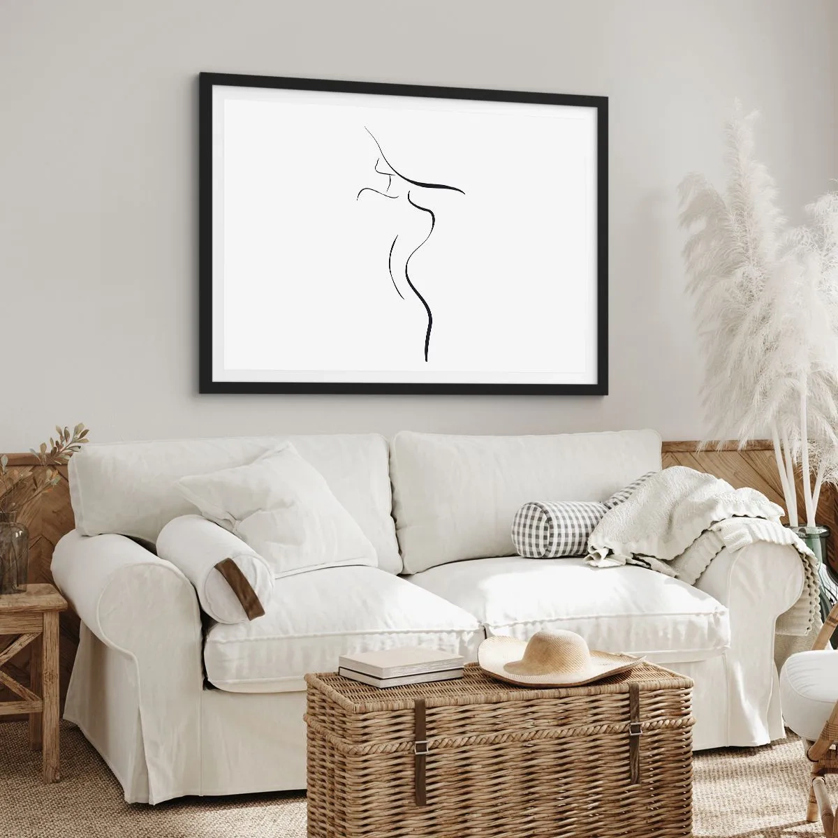 Poster in einem schwarzem Rahmen - Minimalistischer Umriss einer weiblichen Silhouette auf weißem Hintergrund - 70x50cm - Flüchtig wie eine Welle - Moderne Wanddekoration für Wohnzimmer und Schlafzimmer ARTTOR