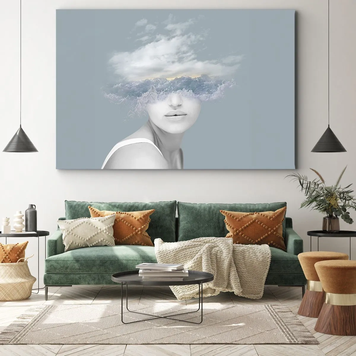 Bild auf Leinwand - Leinwandbild - Porträt einer Frau, deren Gesicht hinter Wolken und Wellen verborgen ist - 100x70cm - Mit dem Kopf in den Wolken - Moderne Wanddekoration für Wohnzimmer und Schlafzimmer ARTTOR