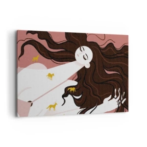 Bild auf Leinwand - Leinwandbild - Eine Figur mit geschlossenen Augen, umgeben von goldenen Pferden - 120x80cm - Traum von einem goldenen Pferd - Moderne Wanddekoration für Wohnzimmer und Schlafzimmer ARTTOR