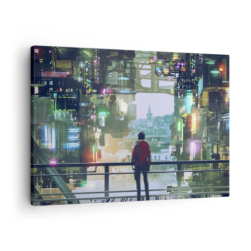 Bild auf Leinwand - Leinwandbild - Eine Figur in einer futuristischen Stadt mit Neonlichtern - 70x50cm - Zwei Welten - Moderne Wanddekoration für Wohnzimmer und Schlafzimmer ARTTOR