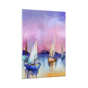 Glasbild - Bild auf glas - Abstrakter Yachthafen mit Segelbooten bei Sonnenuntergang - 50x70cm - Richtung: breites Wasser - Moderne Wanddekoration für Wohnzimmer und Schlafzimmer ARTTOR