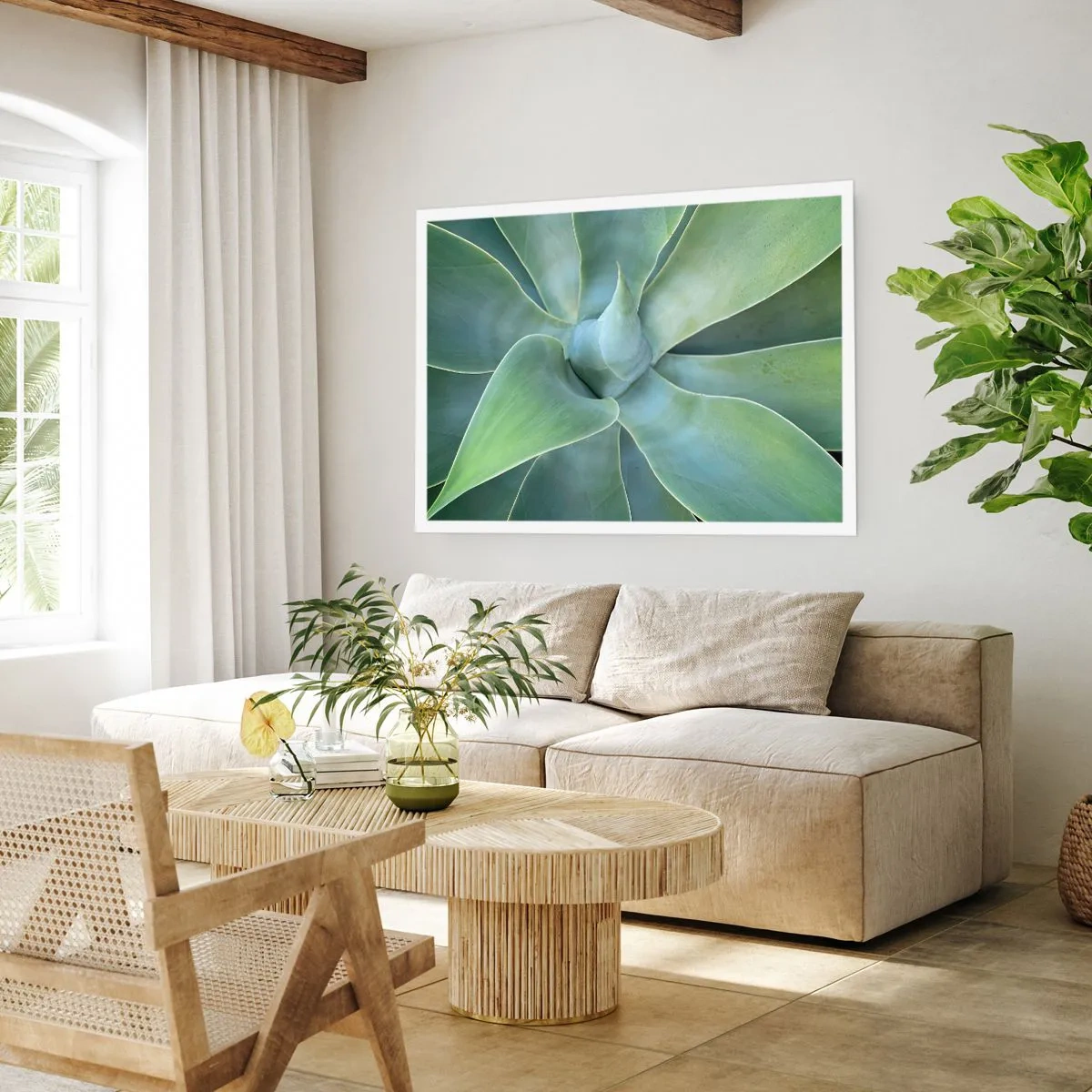 Poster - Dezente Agavenblätter in Grüntönen - 100x70cm - Geburt des Grüns - Moderne Wanddekoration für Wohnzimmer und Schlafzimmer ARTTOR