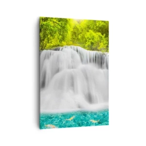 Bild auf Leinwand - Leinwandbild - Ein Wasserfall in einem tropischen Wald mit türkisfarbenem Wasser - 70x100cm - Eine schaumige Kaskade von grün bis azurblau - Moderne Wanddekoration für Wohnzimmer und Schlafzimmer ARTTOR