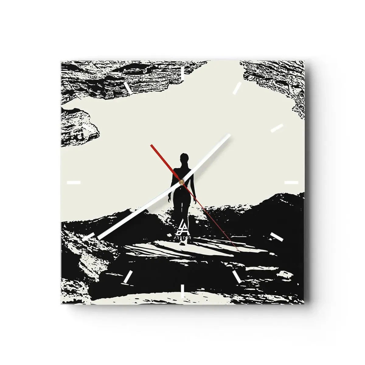 Wanduhr - Glasuhr - Schwarz-weiße Silhouette einer Frau in einer Höhle gegen den Himmel - 30x30cm - Neuer Blick - Moderne Wanddekoration für Wohnzimmer und Schlafzimmer ARTTOR