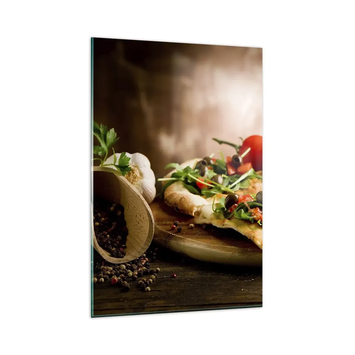 Glasbild - Bild auf glas - Pizza mit Gemüse auf einem Holzbrett im rustikalen Stil - 80x120cm - Direkt vom Herd und aus dem Garten - Moderne Wanddekoration für Wohnzimmer und Schlafzimmer ARTTOR