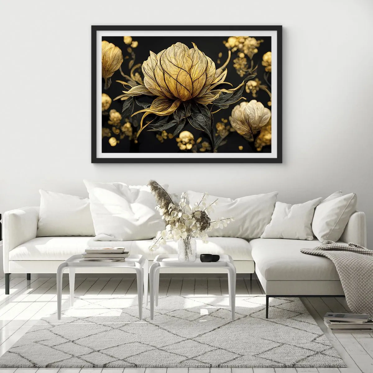 Poster in einem schwarzem Rahmen - Goldene Blume auf dunklem Hintergrund - 70x50cm - Subtile Zerbrechlichkeit - Moderne Wanddekoration für Wohnzimmer und Schlafzimmer ARTTOR