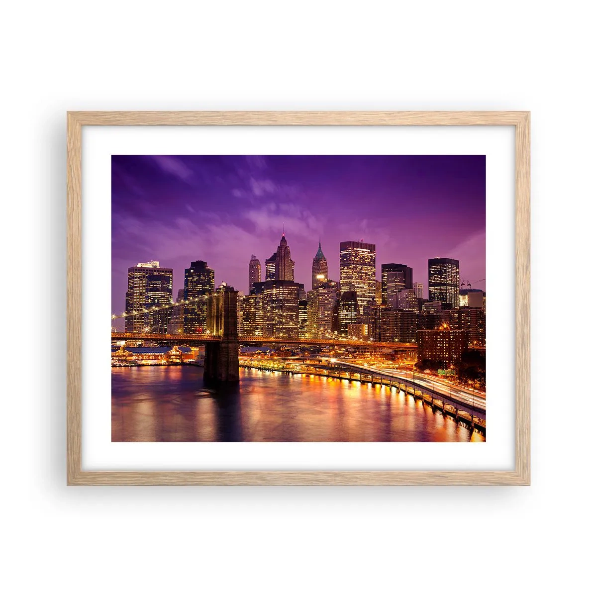 Poster in einem Rahmen aus heller Eiche - Violett-goldenes Manhathann - 50x40 cm
