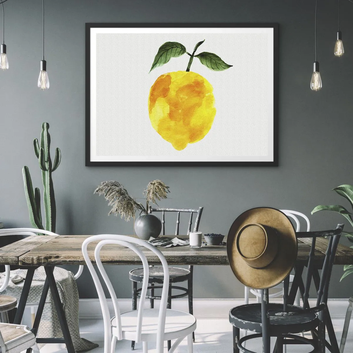 Poster in einem schwarzem Rahmen - Aquarell Zitrone mit grünen Blättern auf hellem Hintergrund - 70x50cm - So schmeckt man die Sonne - Moderne Wanddekoration für Wohnzimmer und Schlafzimmer ARTTOR