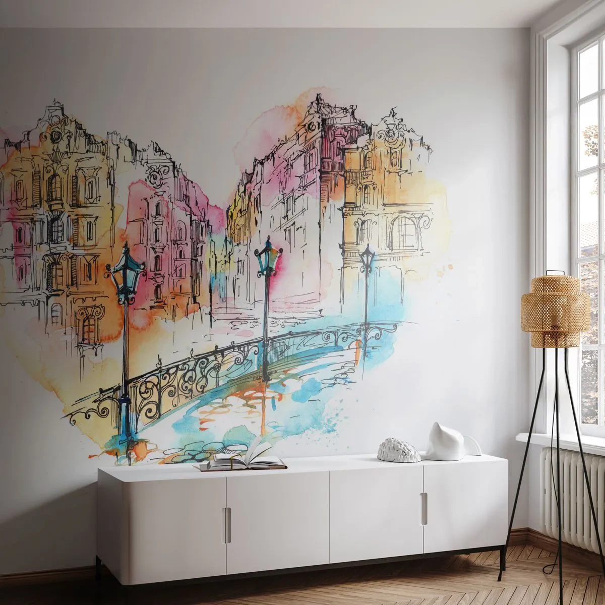 Fototapete Premium Canvas - Aquarell einer Brücke und herzförmigen Mietshäusern - 100x70cm - Das Herz der Stadt - Moderne Wanddekoration für Wohnzimmer und Schlafzimmer ARTTOR