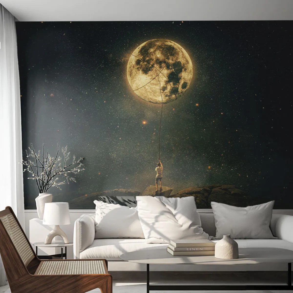 Selbstklebende Fototapete Deluxe Sticker - Der Mann, der den Mond gestohlen hat - Mond, Sterne, Vorstellung - 100x70 cm