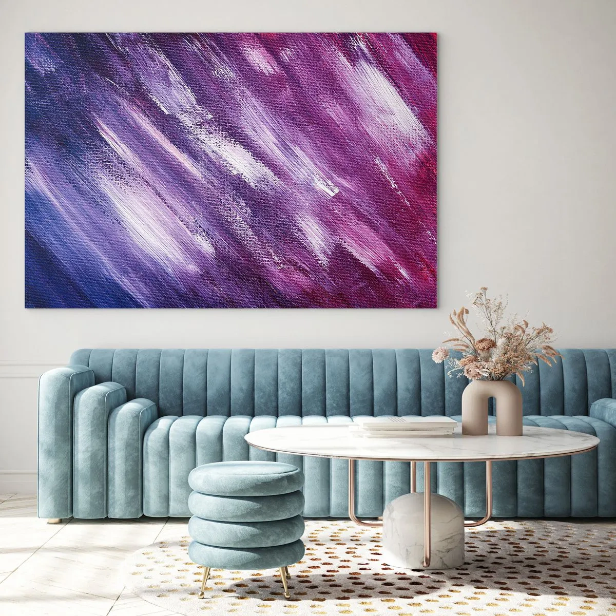 Glasbild - Bild auf glas - Abstraktes Gemälde in Lila- und Weißtönen - 100x70cm - Wenn der sonnige Wind weht - Moderne Wanddekoration für Wohnzimmer und Schlafzimmer ARTTOR