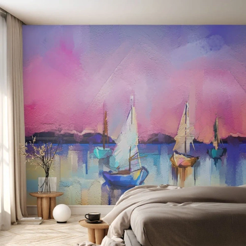 Fototapete Premium Sand - Segelboote auf ruhigem Wasser in impressionistischen Tönen - 100x70cm - Richtung: breites Wasser - Moderne Wanddekoration für Wohnzimmer und Schlafzimmer ARTTOR
