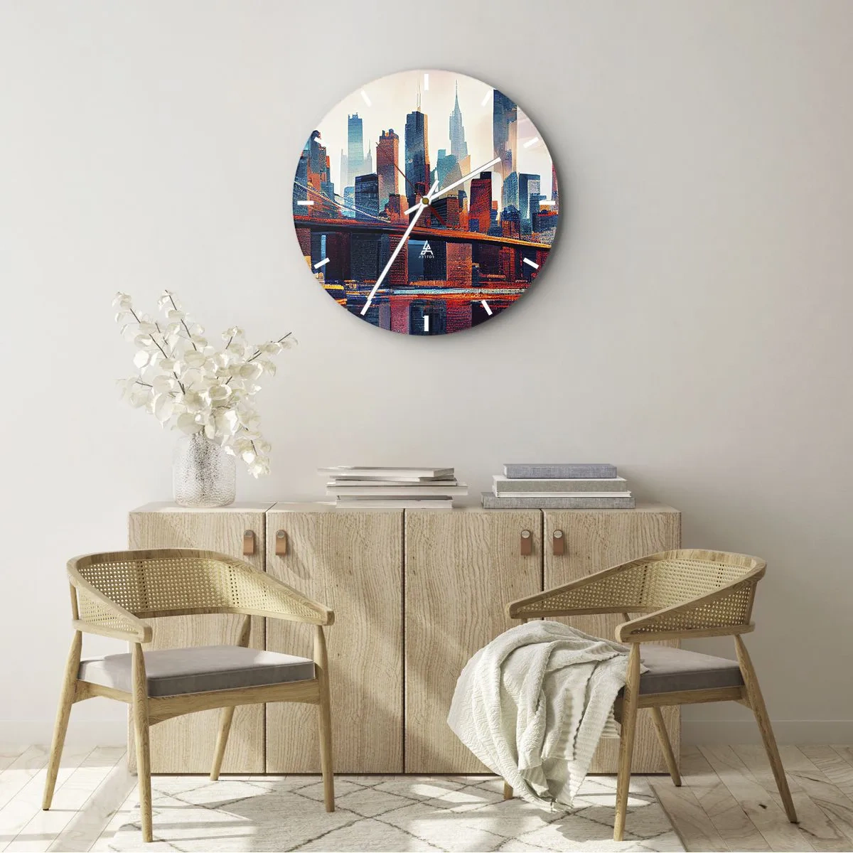Wanduhr - Glasuhr - Skyline von New York City mit Brücke und Spiegelung im Wasser bei Sonnenuntergang - 30x30cm - Traumhaftes New York - Moderne Wanddekoration für Wohnzimmer, Küche und Schlafzimmer ARTTOR