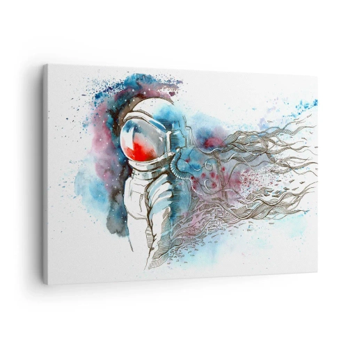 Bild auf Leinwand - Leinwandbild - Ein Kosmonaut in einem dynamischen Aquarell mit kosmischen Details - 70x50cm - Allein mit Platz - Moderne Wanddekoration für Wohnzimmer und Schlafzimmer ARTTOR