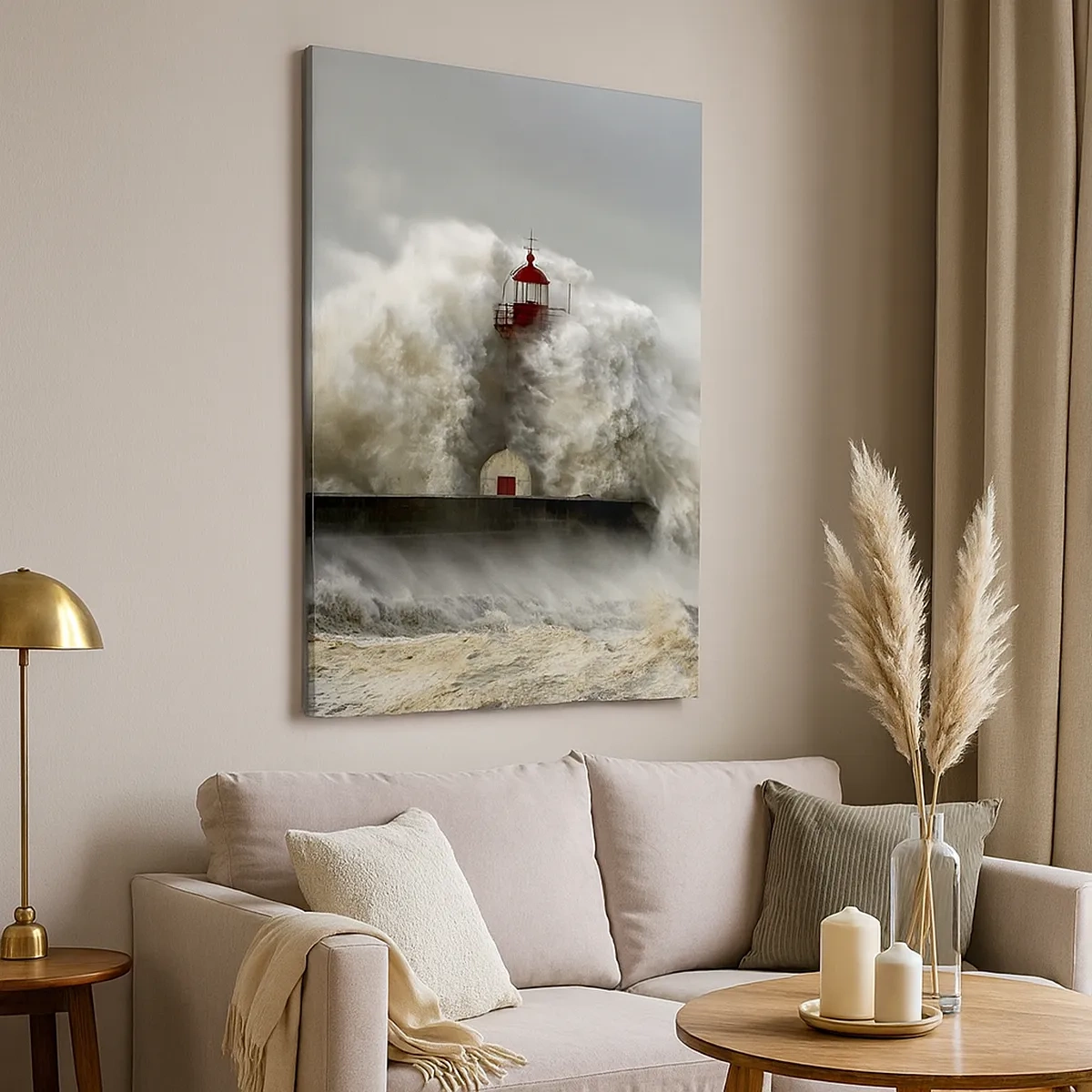 Bild auf Leinwand - Leinwandbild - Ein Leuchtturm, umgeben von rauen Wellen während eines Sturms - 50x70cm - Die Wut des Ozeans - Moderne Wanddekoration für Wohnzimmer und Schlafzimmer ARTTOR