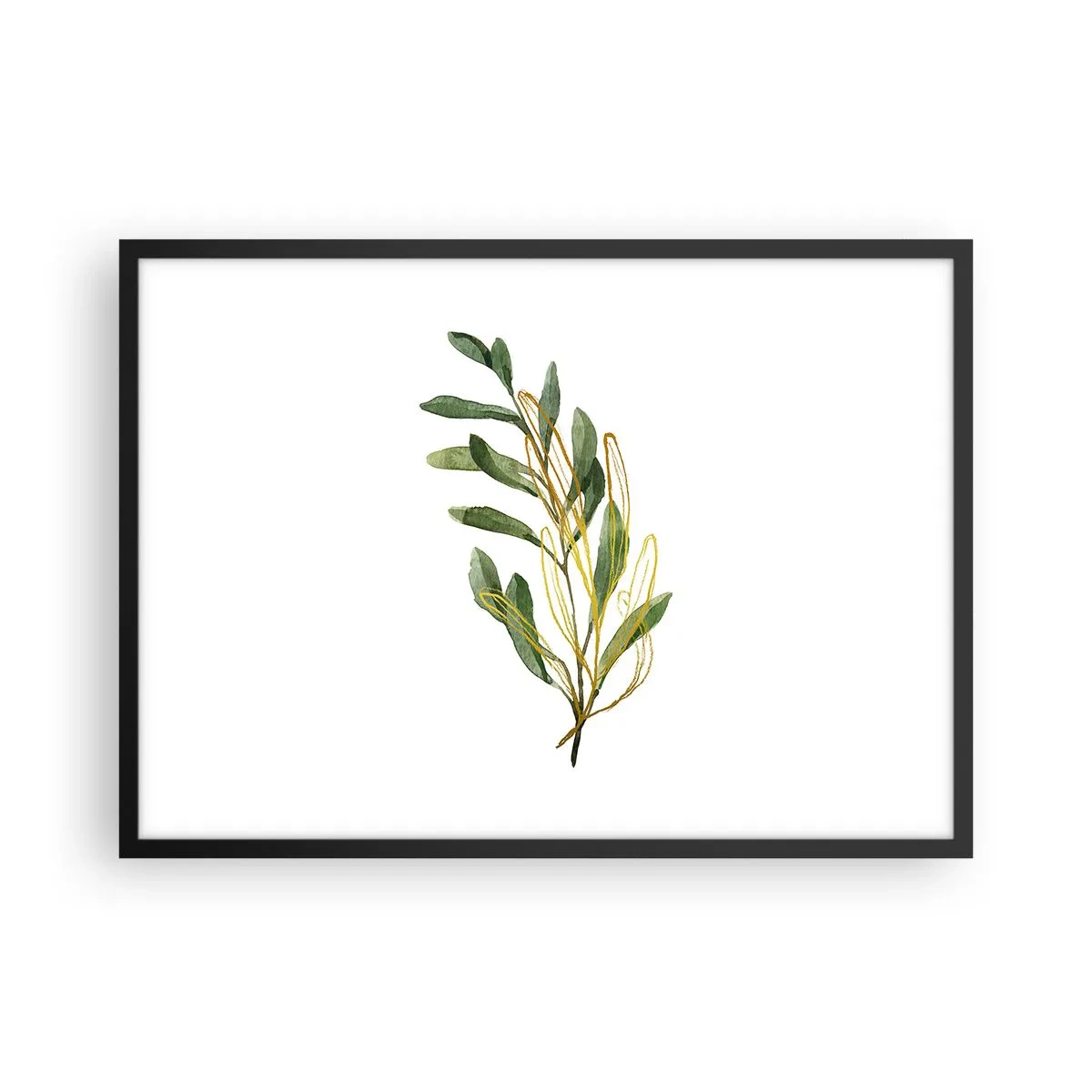 Poster in einem schwarzem Rahmen - Grüner Zweig mit Blättern auf weißem Hintergrund - 70x50cm - Alles was gut ist - Moderne Wanddekoration für Wohnzimmer und Schlafzimmer ARTTOR