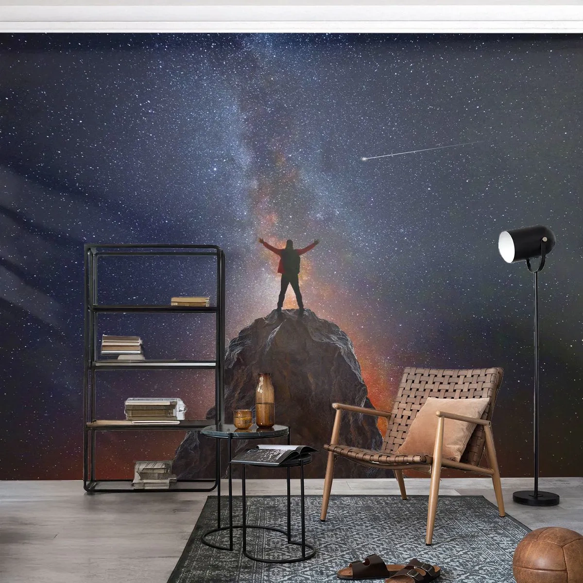 Fototapete Premium Sand - Ein Mann auf einem Felsen unter einem Sternenhimmel - 100x70cm - Die Macht ist mit mir! - Moderne Wanddekoration für Wohnzimmer und Schlafzimmer ARTTOR