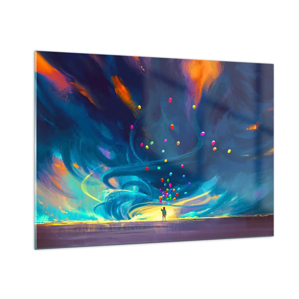 Glasbild - Bild auf glas - Eine Person hält bunte Luftballons vor einem blauen Windhintergrund. - 100x70cm - Zum blauen Wind - Moderne Wanddekoration für Wohnzimmer und Schlafzimmer ARTTOR