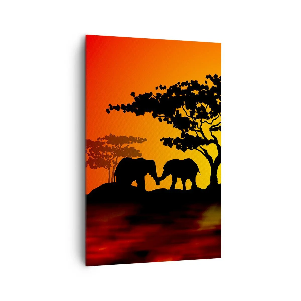 Bild auf Leinwand - Leinwandbild - Afrikanischer Sonnenuntergang mit Silhouetten von Elefanten und Giraffen über dem Wasser - 80x120cm - Treffen in der Savanne - Moderne Wanddekoration für Wohnzimmer und Schlafzimmer ARTTOR