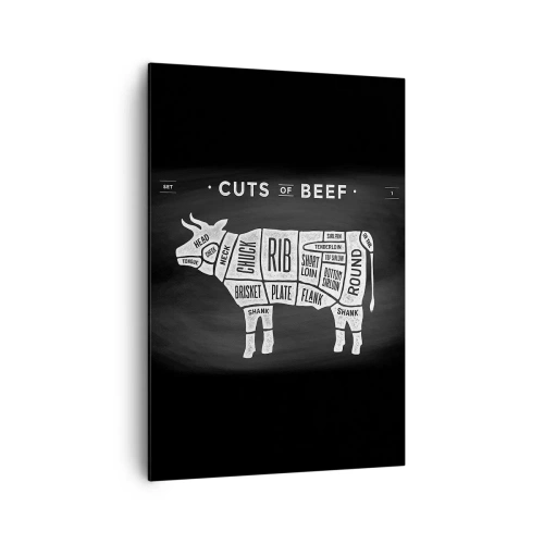 Bild auf Leinwand - Leinwandbild - Diagramm der Rindfleischstücke auf schwarzem Hintergrund - 70x100cm - Metzger Grundierung - Moderne Wanddekoration für Wohnzimmer und Schlafzimmer ARTTOR