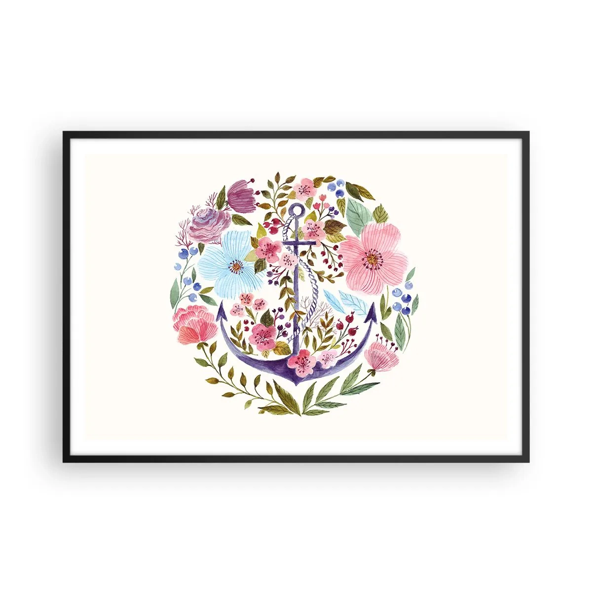 Poster in einem schwarzem Rahmen - Ein Anker, umgeben von Aquarellblumen auf hellem Hintergrund - 100x70cm - Guter Traum eines Seemanns - Moderne Wanddekoration für Wohnzimmer und Schlafzimmer ARTTOR