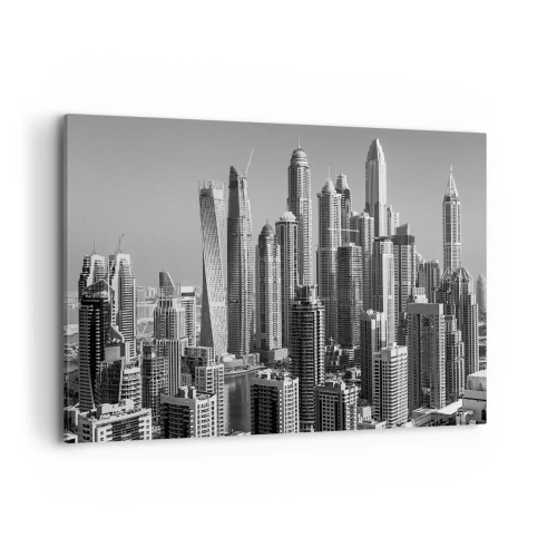Bild auf Leinwand - Leinwandbild - Panorama moderner Wolkenkratzer in monochromen Tönen - 120x80cm - Stadt in der Wüste - Moderne Wanddekoration für Wohnzimmer und Schlafzimmer ARTTOR