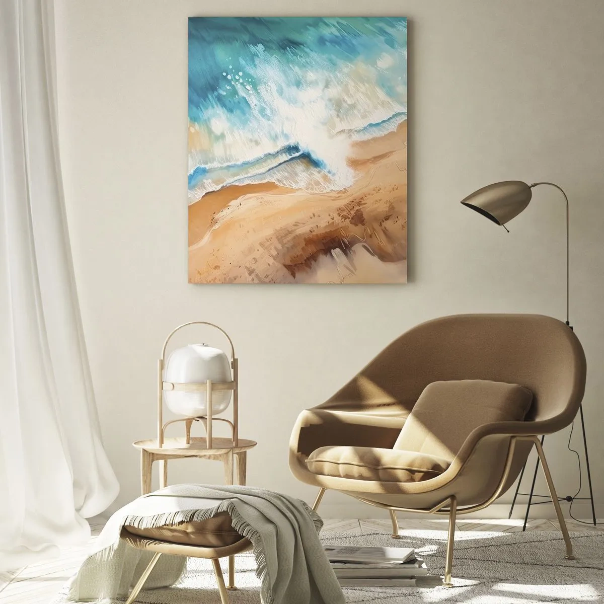 Glasbild - Bild auf glas - Eine Meereswelle, die gegen den Sandstrand prallt - 70x100cm - Zurückkehrende Welle - Moderne Wanddekoration für Wohnzimmer und Schlafzimmer ARTTOR