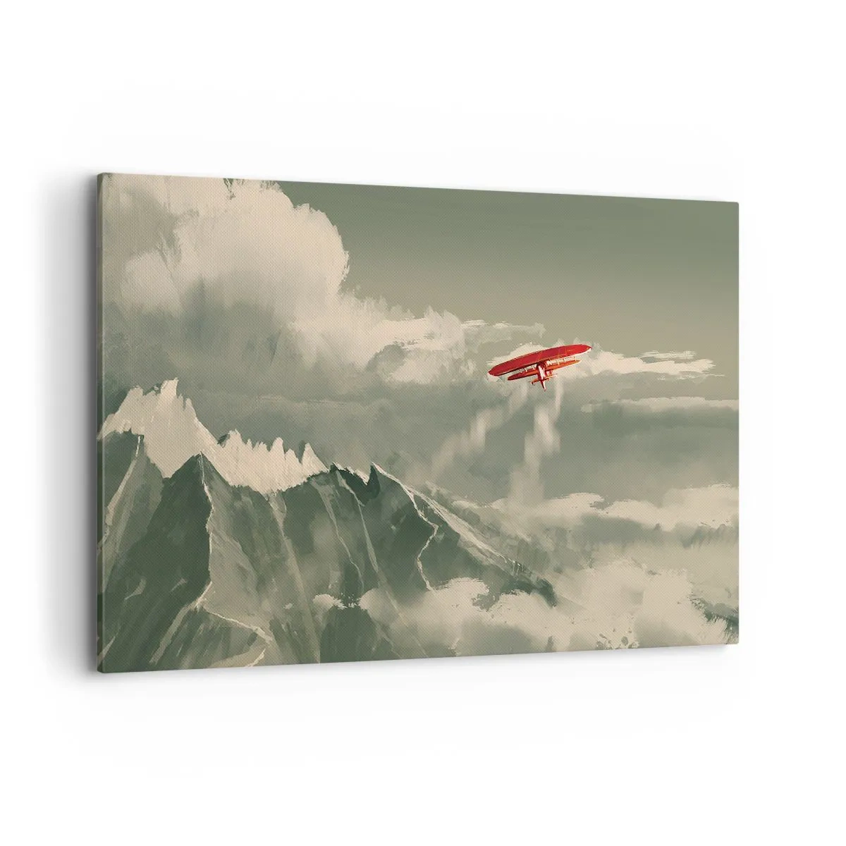 Bild auf Leinwand - Leinwandbild - Rotes Flugzeug über schneebedeckten Bergen - 120x80cm - Furchtloser Pionier - Moderne Wanddekoration für Wohnzimmer und Schlafzimmer ARTTOR