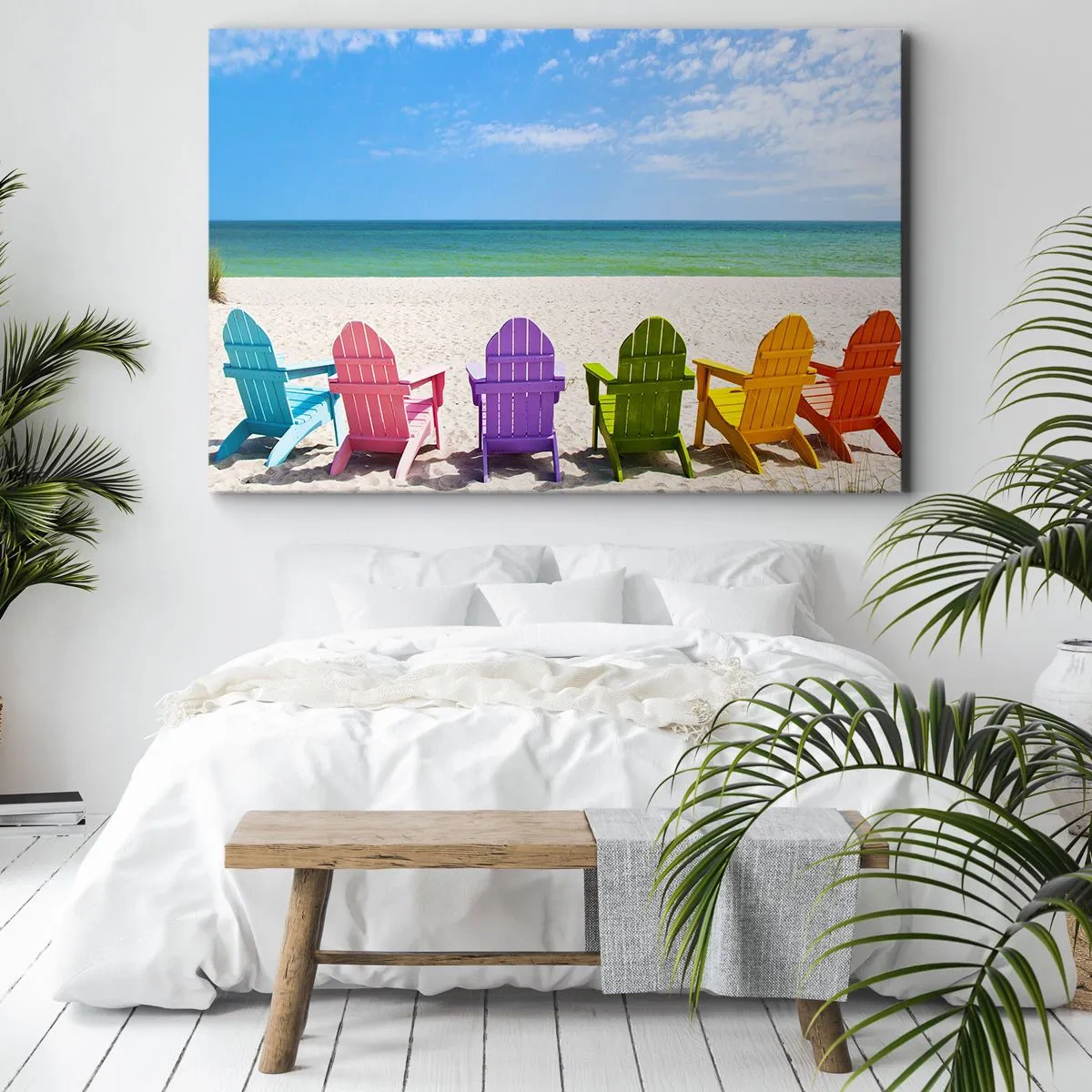 Bild auf Leinwand - Leinwandbild - Bunte Liegestühle am Strand mit Blick aufs Meer - 70x50cm - Regenbogenstrand - Moderne Wanddekoration für Wohnzimmer und Schlafzimmer ARTTOR