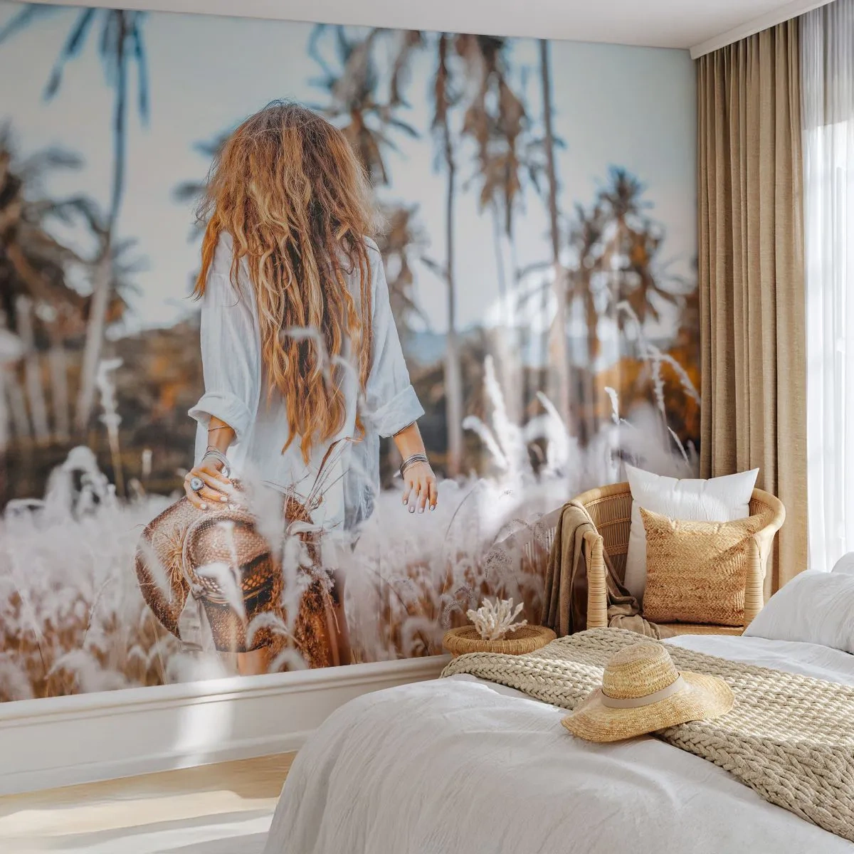 Maßgeschneiderte Fototapete Premium Sand - Geboren aus Grasflaum - Frau, Jahrgang, Boho