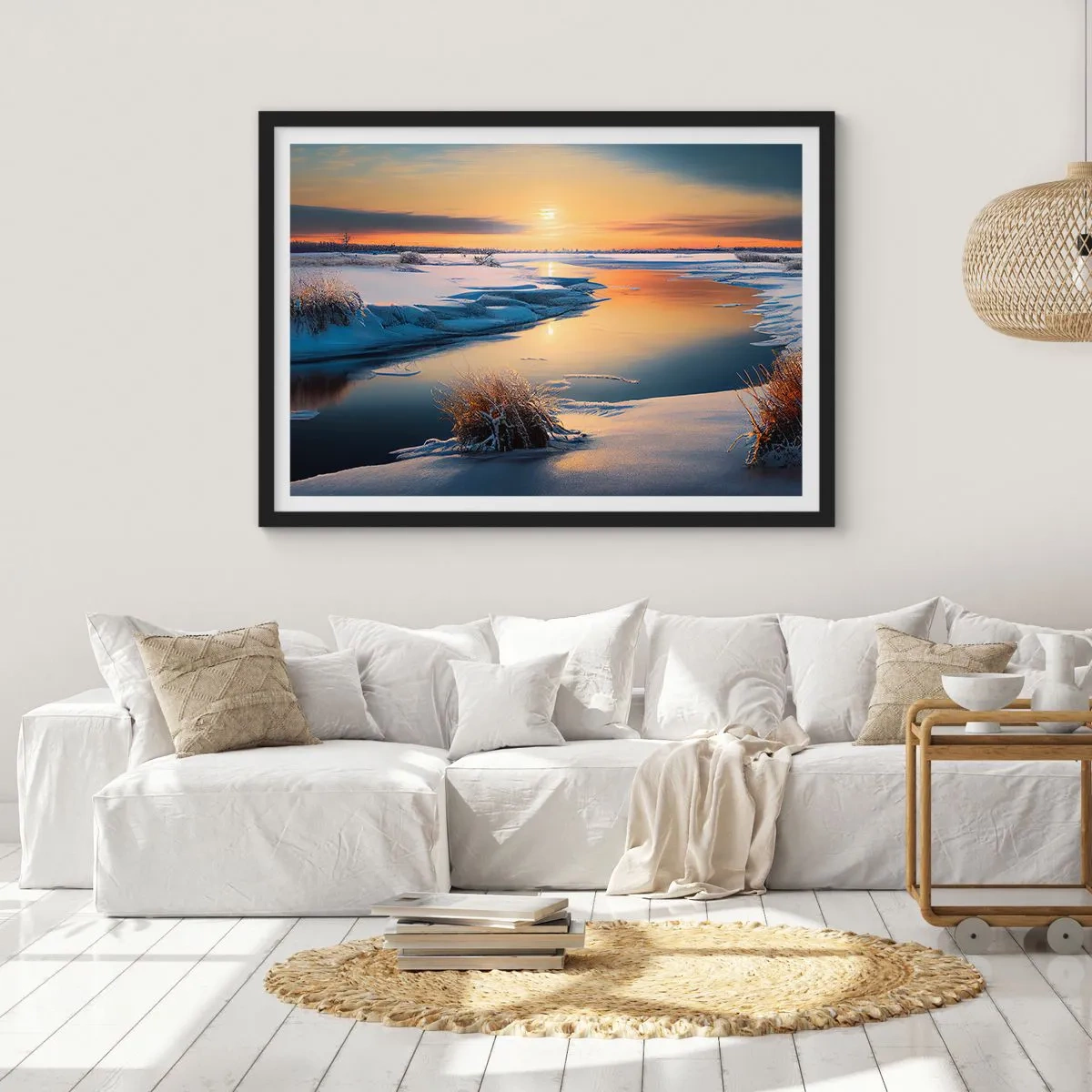 Poster in einem schwarzem Rahmen - Winterlandschaft mit einem Fluss bei Sonnenuntergang - 100x70cm - Wintersonnenuntergang - Moderne Wanddekoration für Wohnzimmer und Schlafzimmer ARTTOR