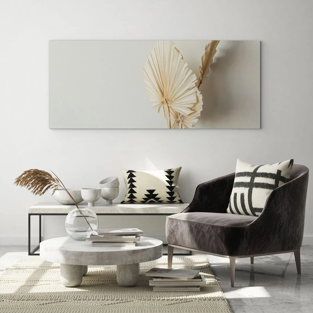 Glasbild - Bild auf glas - Getrocknete Palmblätter in minimalistischem Arrangement - 120x50cm - Wenn Sie Erleichterung brauchen - Moderne Wanddekoration für Wohnzimmer und Schlafzimmer ARTTOR