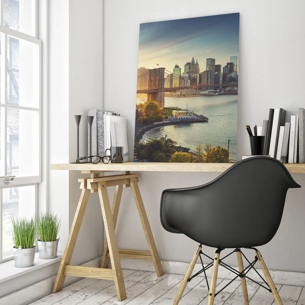 Glasbild - Bild auf glas - Panorama der Stadt mit der Brücke bei Sonnenuntergang - 80x120cm - Morgendämmerung der Großstadt - Moderne Wanddekoration für Wohnzimmer und Schlafzimmer ARTTOR