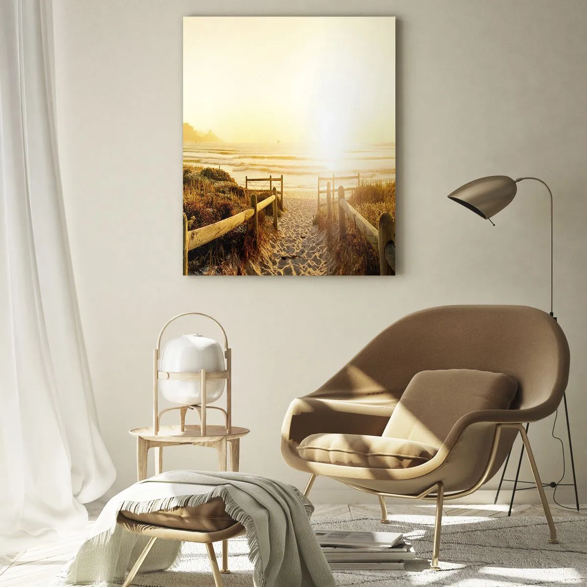 Glasbild - Bild auf glas - Weg zum Strand bei goldenem Sonnenuntergang - 80x120cm - Über die Düne, der Sonne entgegen - Moderne Wanddekoration für Wohnzimmer und Schlafzimmer ARTTOR