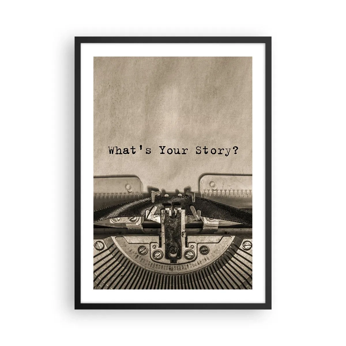 Poster in einem schwarzem Rahmen - Eine alte Schreibmaschine mit den Worten „What’s Your Story“ darauf - 50x70cm - Erzähl es mir - Moderne Wanddekoration für Wohnzimmer und Schlafzimmer ARTTOR