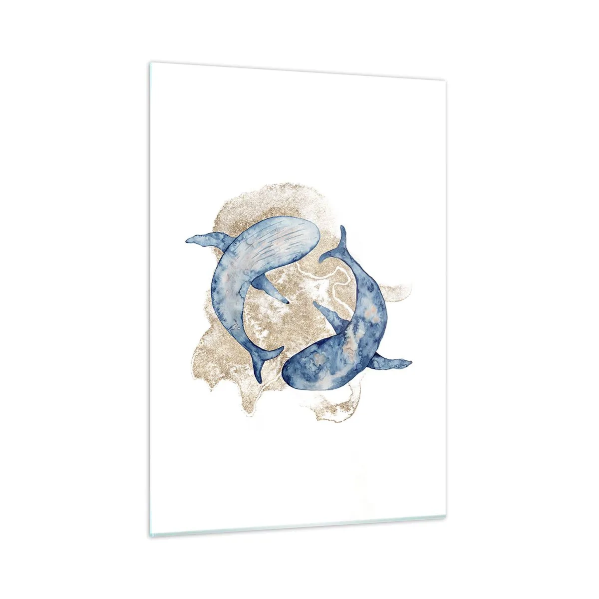Glasbild - Bild auf glas - Zwei Blauwale vor einem Hintergrund aus abstrakten goldenen Flecken - 50x70cm - Freundschaft oder Liebe? - Moderne Wanddekoration für Wohnzimmer und Schlafzimmer ARTTOR